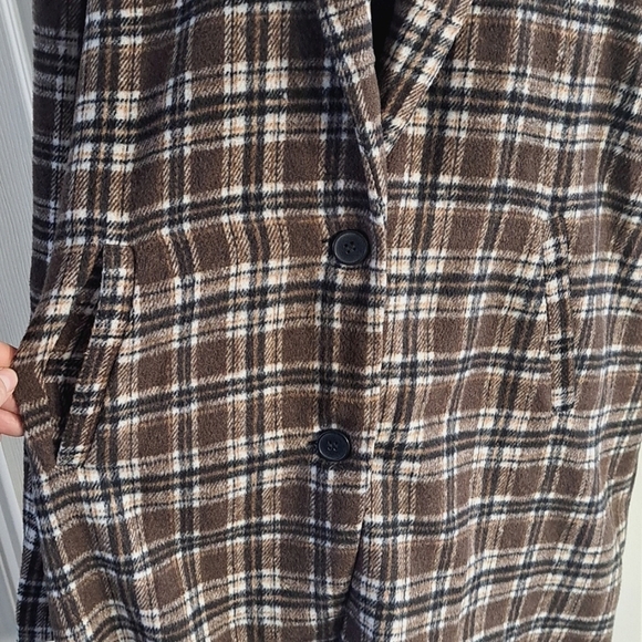 Brown Plaid Soft Long Button Down Oversized Mid Lightweight Coat Jacket - Picture 3 of 10